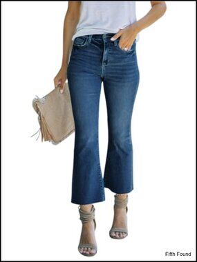Women's Cropped Bootcut Flare Jeans High Rise Raw Hem Stretch